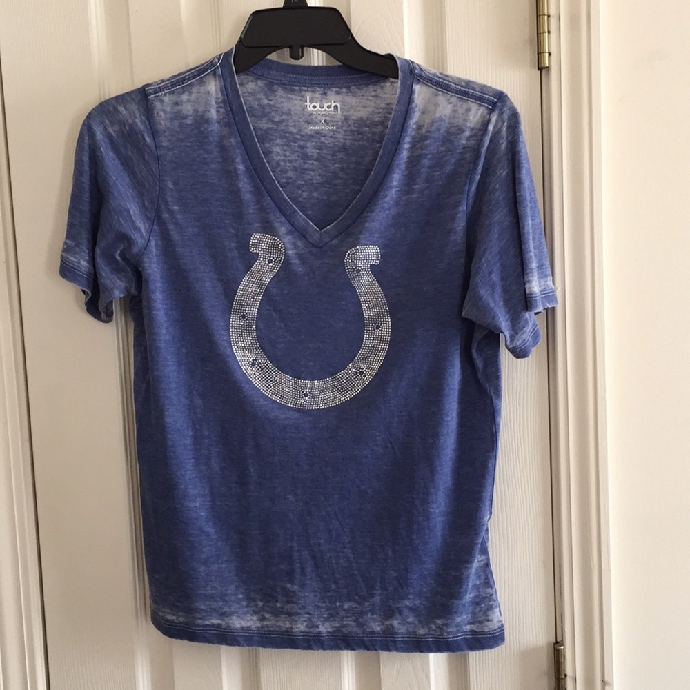 NWOT Distressed Antique Blue Horsehoe Shirt with Bling, never worn
